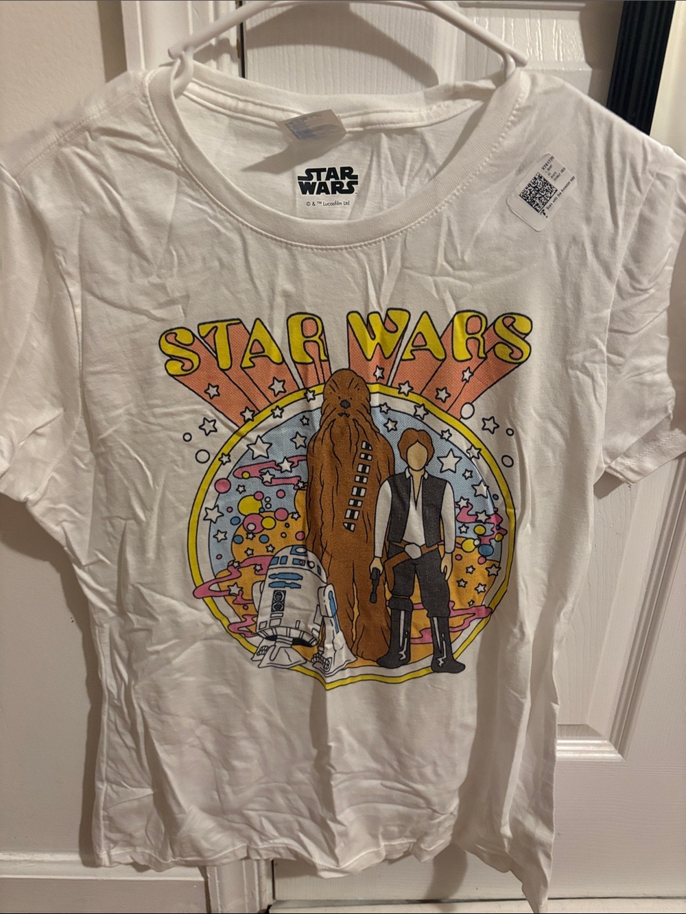 Star Wars women’s White Graphic Tee with Chewbacca, Han Solo & R2-D2